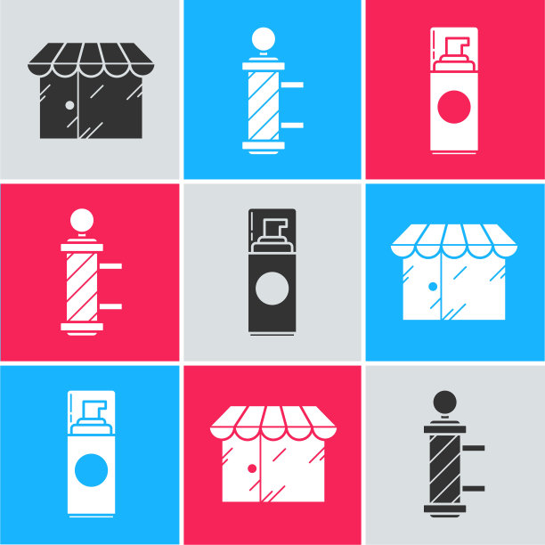 集理发店建筑，经典理发店杆和剃须啫喱泡沫图标。向量图片下载