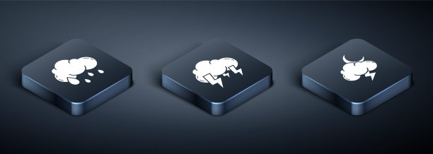 设置等距云与雨，风暴和风暴图标。向量图片下载