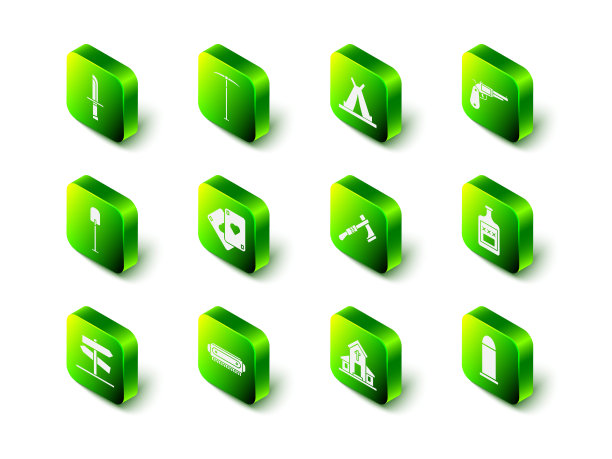 设置鹤嘴锄，印第安帐篷或棚屋，左轮手枪，威士忌酒瓶，子弹，战斧，教堂建筑和口琴图标。向量图片下载