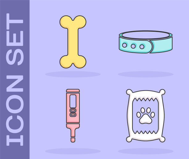 集狗粮袋，狗骨，医疗数字温度计和项圈与名牌图标。向量图片下载