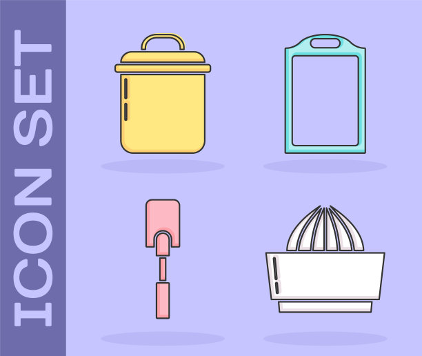 设置柑橘榨汁机，烹饪锅，抹刀和砧板图标。向量图片下载