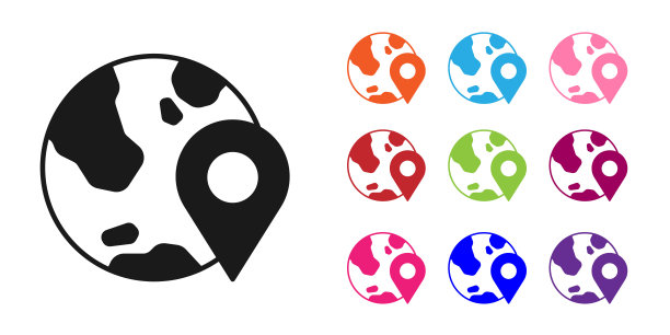 黑色的位置在地球仪图标孤立在白色背景。世界或土象星座。设置图标彩色。向量图片下载