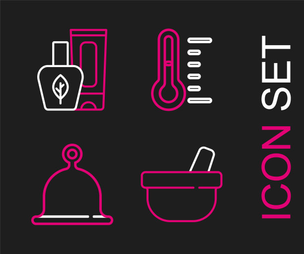 设置线臼和杵，桑拿帽，温度计和软膏膏管图标。向量图片下载