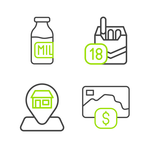 设置线路信用卡，位置市场商店，香烟包装盒和瓶子与牛奶的图标。向量图片下载