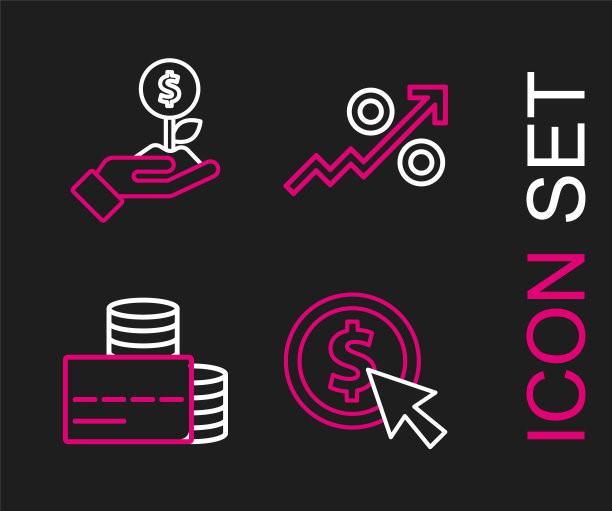 设置线硬币钱与美元，信用卡，百分比向上箭头和美元植物图标。向量图片下载