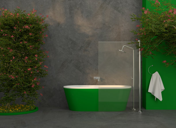 带淋浴和树的现代豪华浴室- 3D插图图片下载