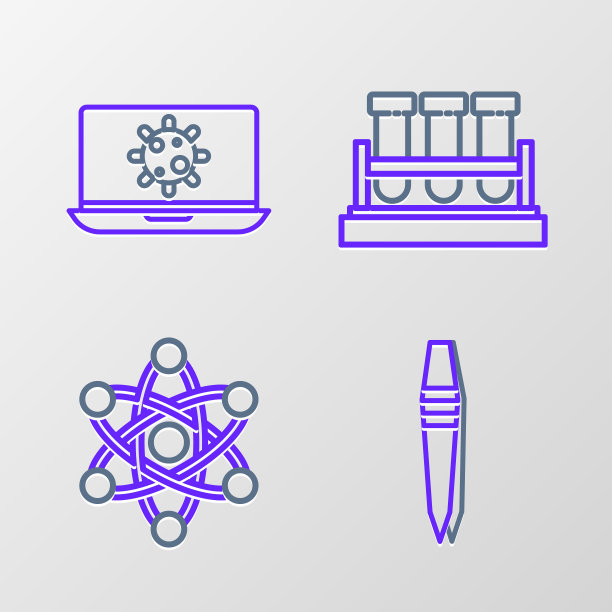 设置线镊子，原子，试管和烧瓶化学和细菌的笔记本电脑图标。向量图片下载