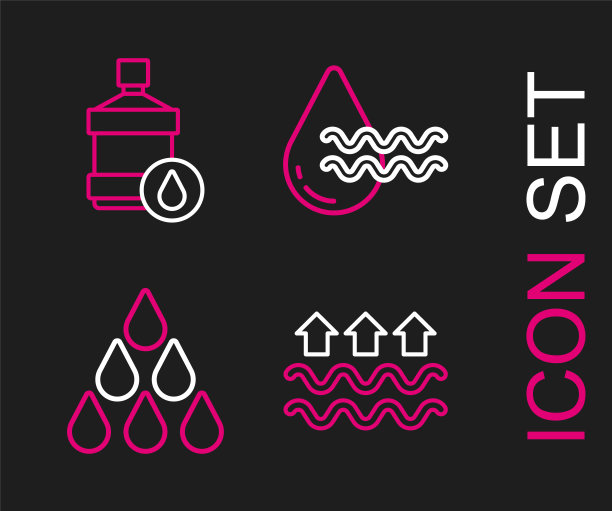 设置波浪水和蒸发，水滴，回收清洁水和大瓶图标。向量图片下载