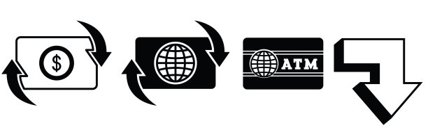 一套信用卡，ATM，手和硬币图标。自动取款机，信用卡。欧元和美元，现金钱包，兑换。银行信用卡，自动取款机付款。经济和银行概念，线条风格可编辑的矢量集图片下载