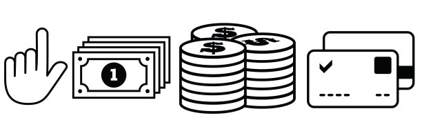 一套信用卡，ATM，手和硬币图标。自动取款机，信用卡。欧元和美元，现金钱包，兑换。银行信用卡，自动取款机付款。经济和银行概念，线条风格可编辑的矢量集图片下载