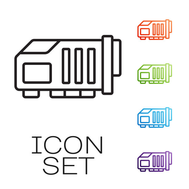 黑线视频图形卡图标孤立在白色背景。设置图标彩色。向量图片下载