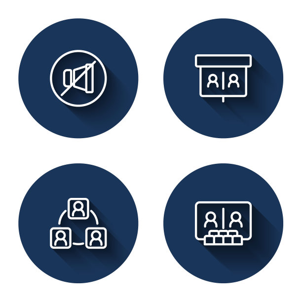 设置线路静音麦克风，视频聊天会议，会议和长阴影。蓝色圆圈按钮。向量图片下载