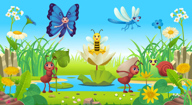 湖或河与岛草，花和昆虫。故事的场景。梦幻岛。卡通风格的孩子矢量。图片下载