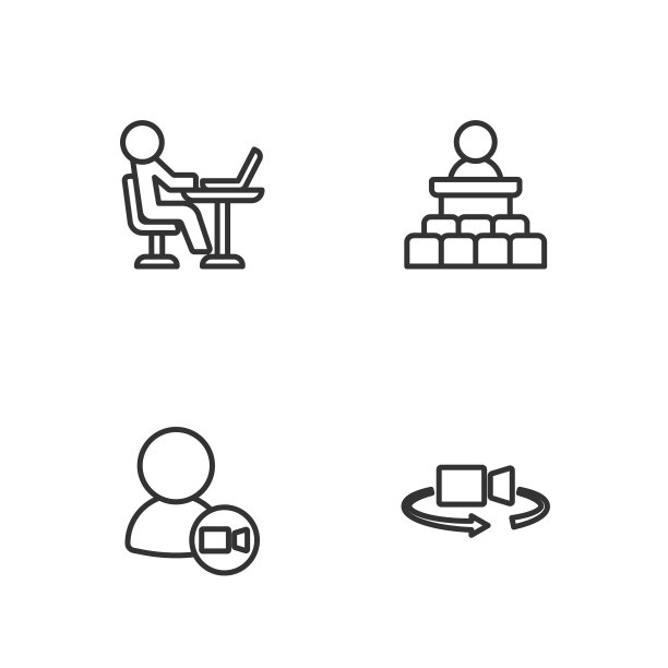 设置线360度视图，视频聊天会议，自由职业者和演讲者图标。向量图片下载