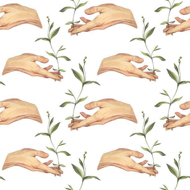 无缝图案水彩伸出人的手与波西米亚花在白色的背景。为邀请和贴纸绘制帮助或友好的手势。艺术用于化妆品，庆典婚礼图片下载