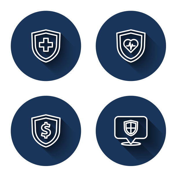 设一线有盾人寿保险，有盾美元，有长影地点。蓝色圆圈按钮。向量图片下载