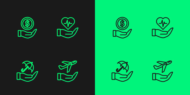 设线飞机在手，伞，钱与盾牌和人寿保险图标。向量图片下载