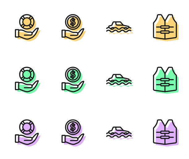 设好线，洪水车，手里拿着救生圈，带着盾牌和夹克图标的钱。向量图片下载