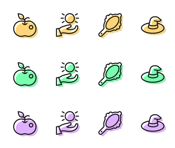 设置线魔法手镜，毒苹果，球悬浮在上面和女巫帽子图标。向量图片下载