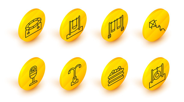 汽车轮胎吊绳，游泳池与球，路灯，垃圾桶，风筝，双秋千，秋千和跳跃蹦床图标。向量图片下载