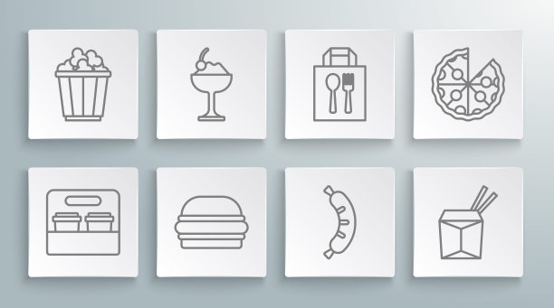 咖啡外带，冰淇淋在碗，汉堡，热狗，亚洲面条和筷子，在线订购送货，比萨饼和爆米花盒图标。向量图片下载