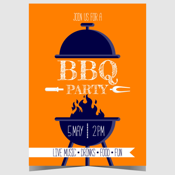 烧烤派对海报或横幅设计模板烧烤和火焰准备烤牛肉或猪肉牛排，鸡肉和香肠。图片下载