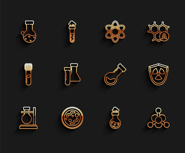 设置线试管烧瓶上的立场，细菌，化学，放射性在屏蔽和图标。向量图片下载