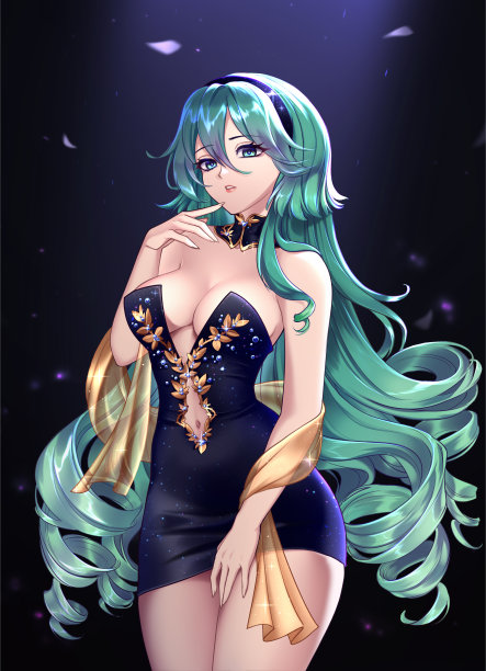 动漫插图。有着绿色长卷发的漫画女孩，在深色背景下穿着闪亮的短礼服。图片下载