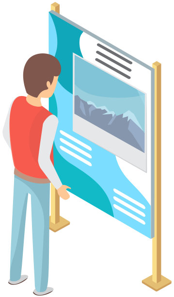 男子看广告摊位、公告街夹板、信息宣传横幅图片下载