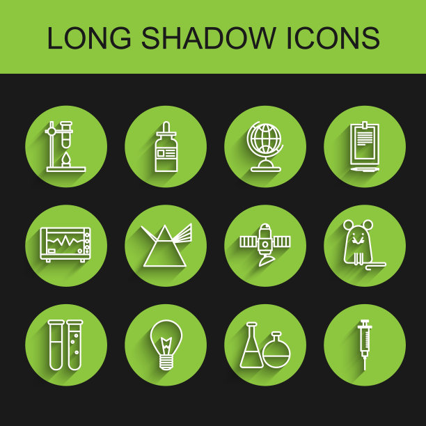 设置线试管和烧瓶化学实验室，灯泡与概念的想法，玻璃测试火加热器，注射器，射线棱镜，老鼠和卫星图标。向量图片下载