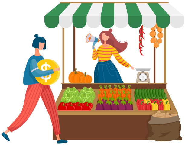 街头贸易农场摊位。卖主打电话给买主。户外摊位，有树冠和新鲜蔬菜图片下载