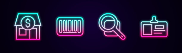 设置线市场商店，条形码，放大镜和识别徽章。发光的霓虹灯图标。向量图片下载