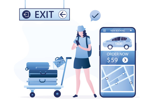 女游客通过手机app预订出租车。手机屏幕上的叫车、拼车服务。旅客带着行李在机场出口处。在线技术，运输应用。图片下载