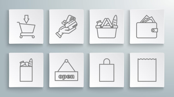 设置线纸质购物袋和食品，人手持信用卡，挂标志文字开门，购物篮，钱包堆叠纸币现金和添加到购物车图标。向量图片下载