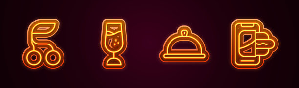 设置线新鲜浆果，葡萄酒杯，覆盖与食品托盘和食品订购移动。发光的霓虹灯图标。向量图片下载