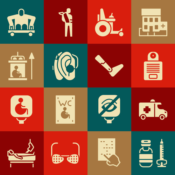 集注射器，急救车，对讲机，电动轮椅，助听器，残疾人电梯，人没有腿坐和假肢图标。向量图片下载