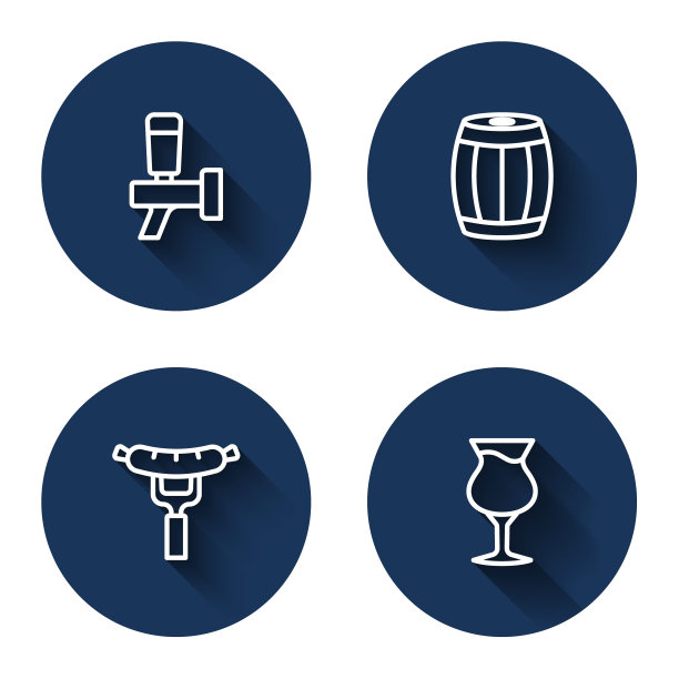 设置啤酒龙头，木桶，叉子上的香肠和长阴影的啤酒。蓝色圆圈按钮。向量图片下载