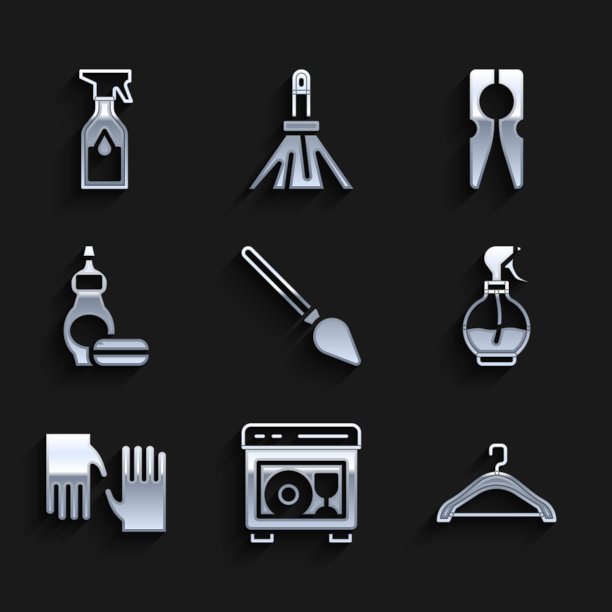 集处理扫帚，洗碗机，衣架衣柜，水喷雾瓶，橡胶手套，洗洁精，衣服别针和清洁图标。向量图片下载