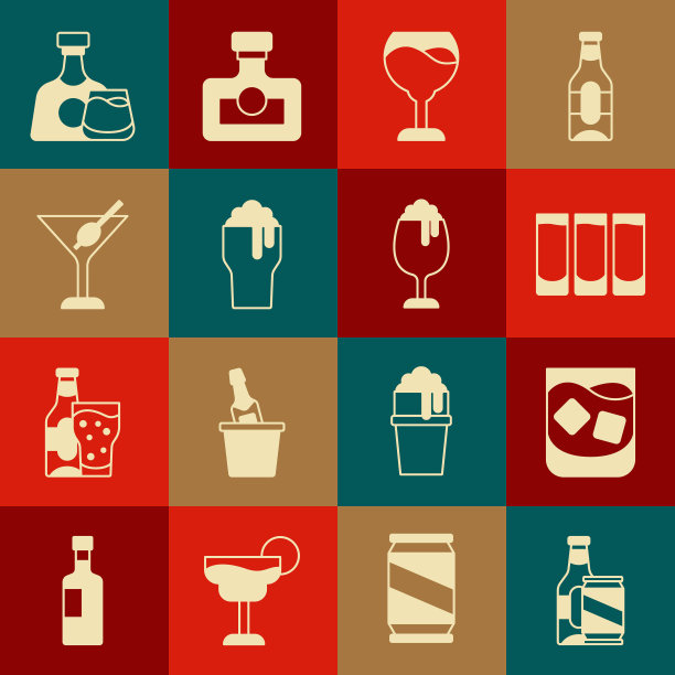 集啤酒瓶和啤酒罐，威士忌，小玻璃杯，葡萄酒，马提尼，威士忌和图标。向量图片下载
