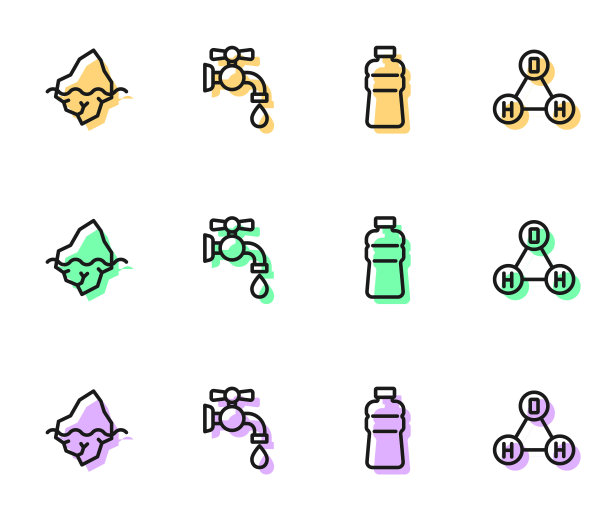 设置瓶装水，冰山，水龙头和化学式H2O图标。向量图片下载