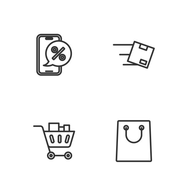 设置线纸购物袋，购物车和食品，百分之几的折扣电话和位置与纸箱图标。向量图片下载