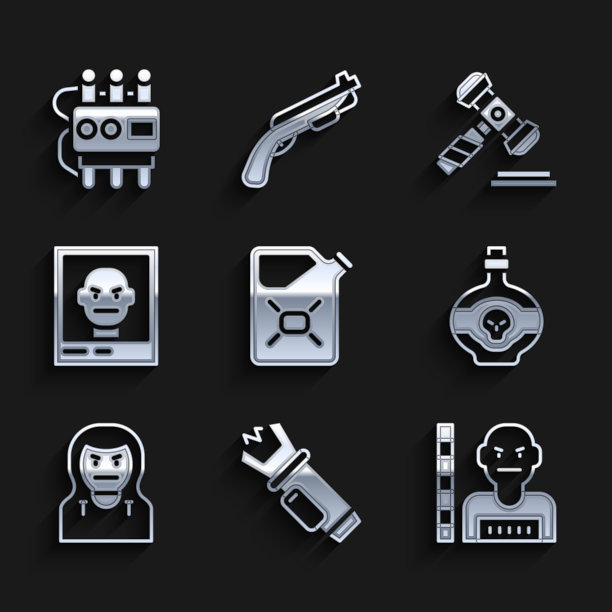 燃料罐、警用电击枪、嫌疑犯、毒药瓶、小偷面具、通缉海报、法官木槌和定时炸弹图标矢量图图片下载