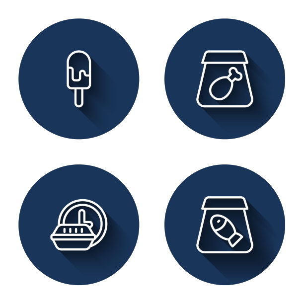 集线上冰淇淋、线上订餐、24小时外卖、长影鱼于一体。蓝色圆圈按钮。向量图片下载