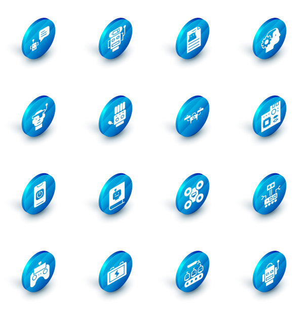 设置机器人低电量，技术规格，人形机器人，智能眼镜，关闭手机，机械手，主板数字芯片和无人机图标。向量图片下载