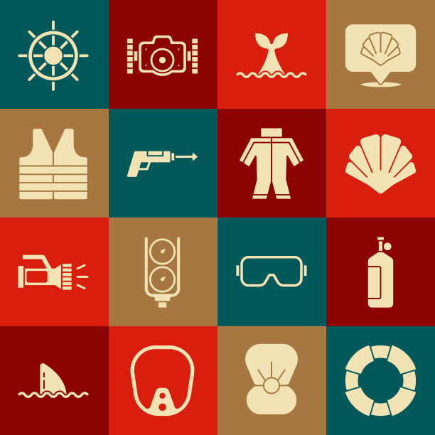 集救生圈，水龙，扇贝海壳，鲸鱼尾巴在海浪，钓鱼鱼叉，夹克，船舶方向盘和潜水服图标。向量图片下载