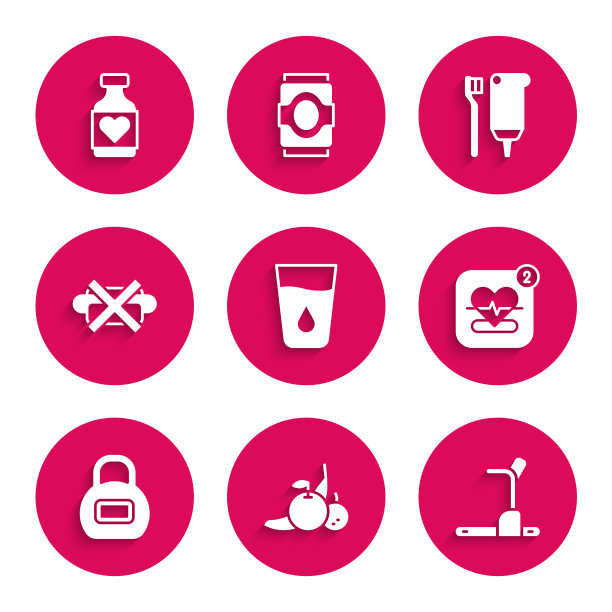 集玻璃与水，水果，跑步机，移动心率，壶铃，没有垃圾食品，牙刷和牙膏和维生素药丸图标。向量图片下载