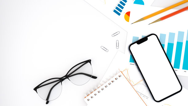办公桌旁，白色的桌子上放着记事本、图表、智能手机、眼镜和铅笔。前视图。3 d渲染。图片下载