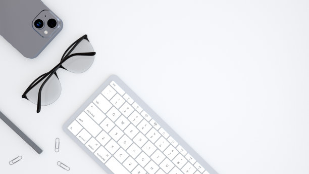 办公桌工作空间的俯视图，白色背景上有智能手机、铅笔、键盘、眼镜和复印空间。商业，创意设计师，创业理念。3 d渲染。图片下载