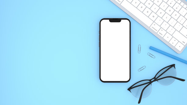 工作区模拟智能手机屏幕为您的设计浅蓝色背景。商务、办公背景与文案空间顶景、平铺。键盘，眼镜，铅笔。3 d渲染。图片下载