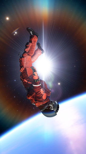 宇航员在太空中的飞行。宇宙失重，万有引力，人类坠入行星的银河深渊。零重力下的宇航员，恒星和星云。三维渲染图片下载